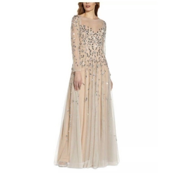 Adrianna Papell Dresses & Skirts - Adrianna Papell Beaded Sheer Long Sleeve V-back Ballgown in Silver/Nude